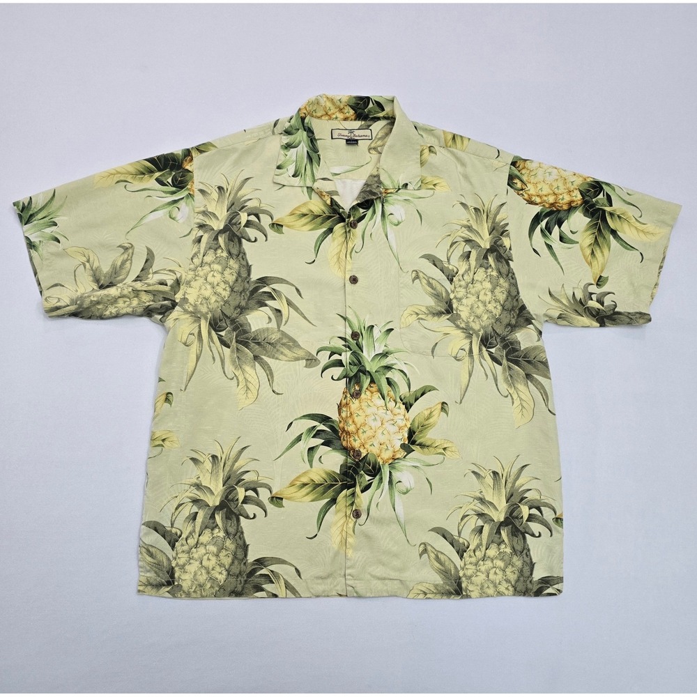 Tommy Bahama Mens Large Silk Pineapple Print Camp Shirt Sage Green Short Sleeve